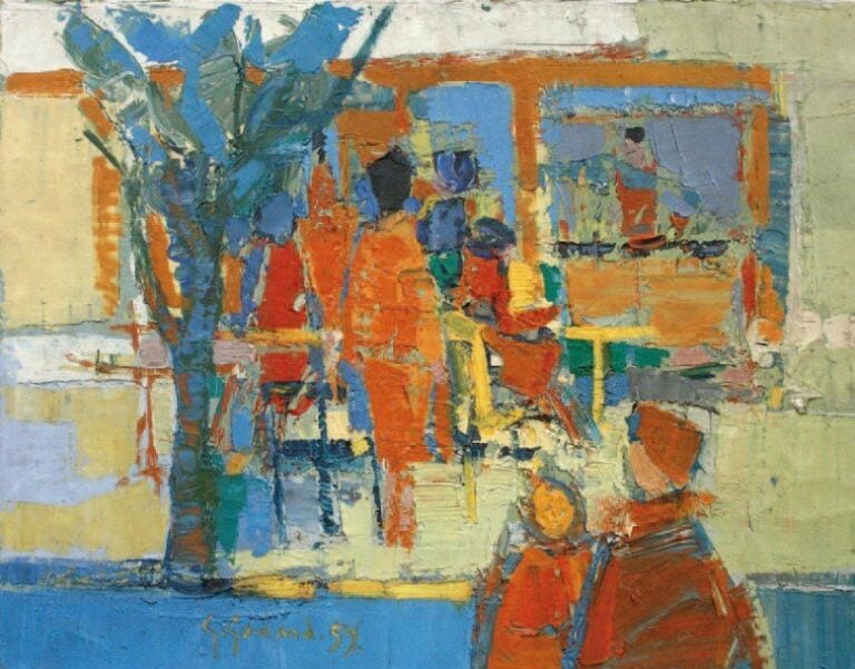 La terrasse au bord de la mer Huile sur toile, signée en bas à gauche, datée 59 50 x 65 cm