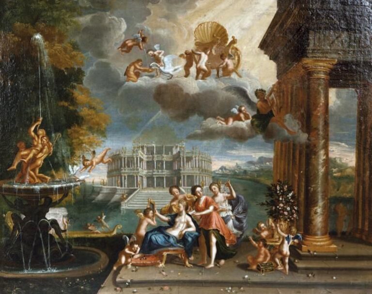 « La Toilette de Vénus » Huile sur toile, sans cadre 73,5 x 92 cm Reçu comme miniaturiste à l'Académie en 1672 après un long séjour à Rome, il pratiqua également le portrait et le paysag