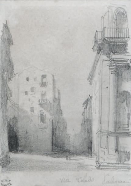 «La via Toledo à Palerme» Crayon noir sur papier Signé du cachet d'atelier à l'encre noire en bas à gauche, et situé au crayon noir en bas à droite 13,3 x 9,6 cm