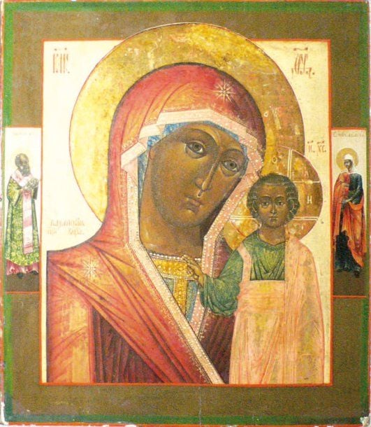 La Vierge de Kazan dans la bordure gauche saint Grégoire le Théologien, à droite saint Akilina, Tempera à l'oeuf sur gesso et bois, 31 x 27 cm