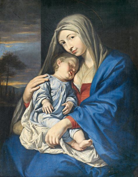 « La Vierge et l'Enfant Jésus endormi sur ses genoux » Toile 84 x 61 cm Inscription au revers de la toile : Objet trouvé / St Germain l'Auxois / 1871 Reprise du tableau conservé au musée des Beaux-Arts d'Agen (voir