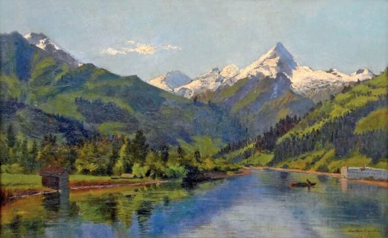 Lac de montagne enneigée, 1899 Huile sur toile marouflée sur carton, signée et datée en bas à droite 34 x 53 cm,