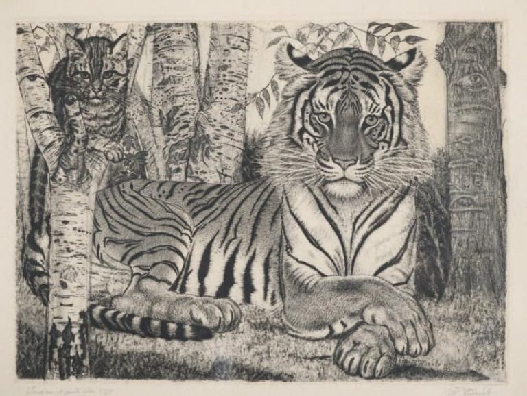 Lamav Tiger (Reclining tiger) 1937 /a 1950 Vernis mou et pointe sèche, signée et datée dans la planche, contresignée et datée 1937 au crayon La feuille: 46 x 50 cm, image: 28 x 39 cm