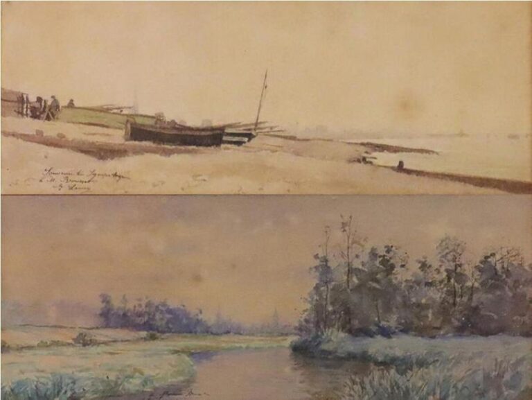 LAMY François-Edouard « Barque sur la grève » et « Bord de rivière » deux aquarelles formant pendant - 12,5x31,5
