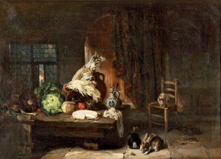 « Lapin et nature morte aux légumes » Huile sur toile Signée en bas à droite 40,5 x 56 cm