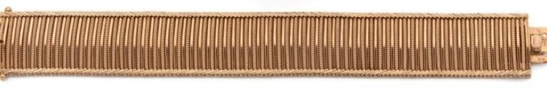 Large BRACELET manchette en or jaune (750 millièmes) ajouré, fileté et torsad