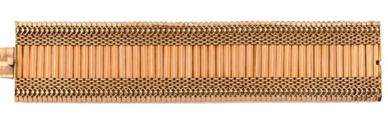 Large BRACELET MANCHETTE «plaquettes» en or jaune (750 millièmes) ajouré tressé et godronn