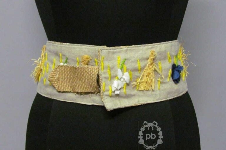 Large CEINTURE en paille tressée recouverte de lin ficelle, ornée d'un décor champêtre multicolore (env T80 cm)