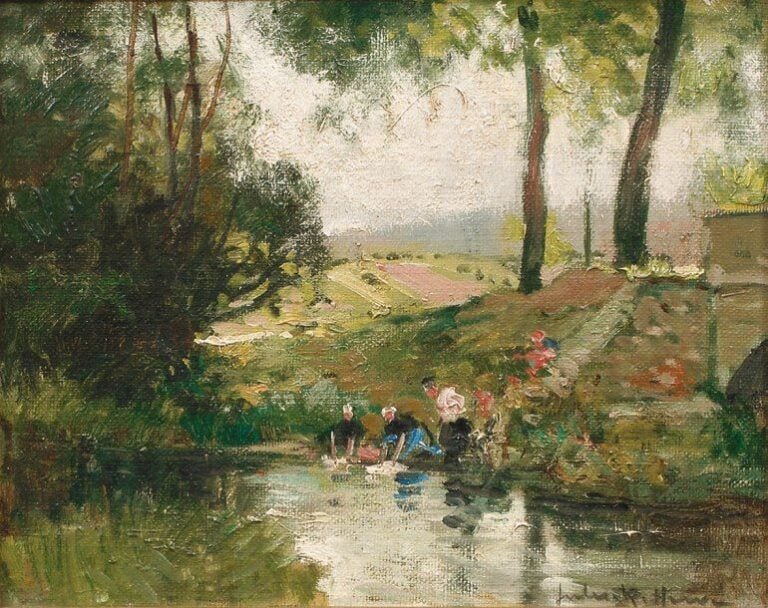 Lavandières Huile Sur Toile, Signée En Bas A Droite, Contresignée Au Dos 22 X 27,5 Cm