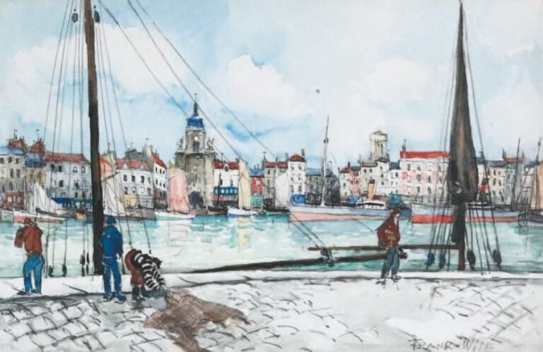 Le bassin à Dieppe Fusain et aquarelle signé en bas à droite 32 x 50 cm