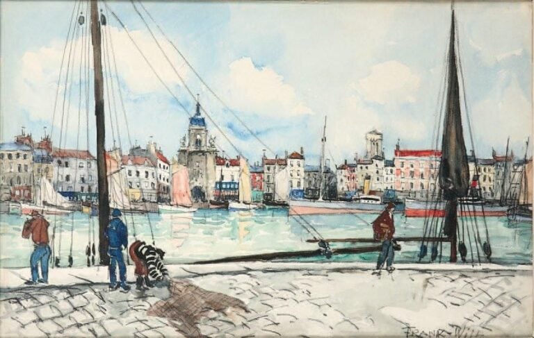 Le bassin à Dieppe Fusain et aquarelle Signé en bas à droite 32 x 50 cm