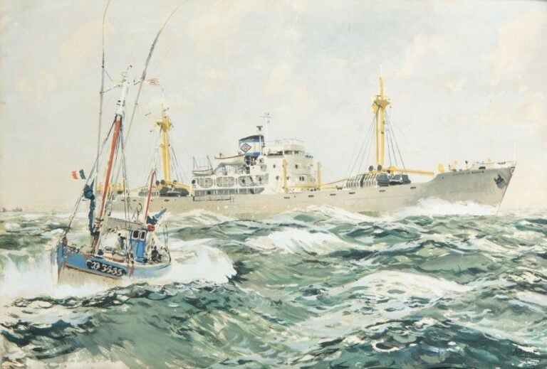 Le Cargo «Albert le Borgne» Lithographie rehaussée à la gouache, signée dans la planche (collée sur carton, manque de matière en bordure