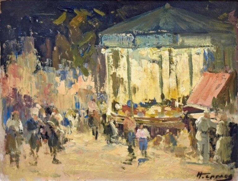 Le Carrousel Huile sur carton, signée en bas à droite Dédicacée et contresignée au dos 19 x 24 cm