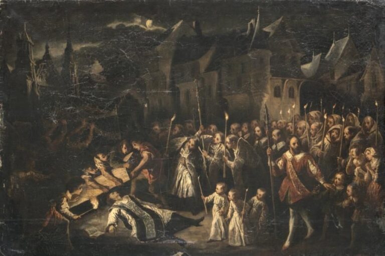 Le Catafalque renversé lors d'un enterrement d'un prêtre au XVIIe siècle