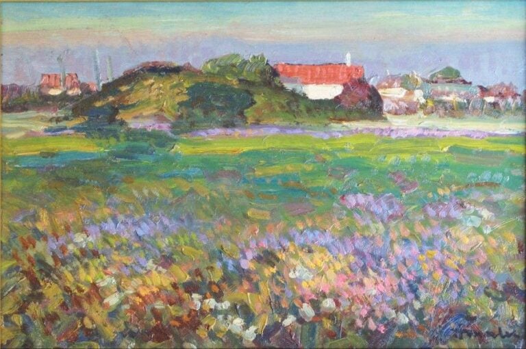 Le champ fleuri Huile sur panneau, signée en bas à droite 24 x 34 cm