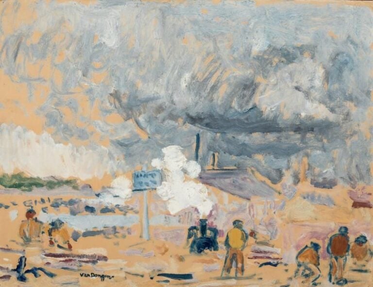 LE CHANTIER Huile sur carton, signée en bas, à gauch
