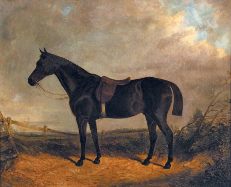 « Le cheval sellé » Huile sur toile, signée en bas à gauche et datée 1865 (rentoilée, restaurations) 50,5 x 60,5 cm