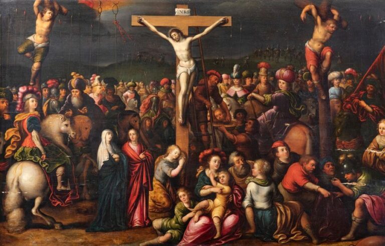 Le Christ au Golgotha entouré des deux larrons et d'une foule de personnages