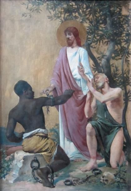 « Le Christ libérant deux esclaves » Huile et fond doré sur toile Trace de signature en bas vers la gauche 72 x 48 cm Élève de Picot et de Pils à l'École des Beaux Arts de Paris, Georges Clairin travailla et voyagea avec Regnaul