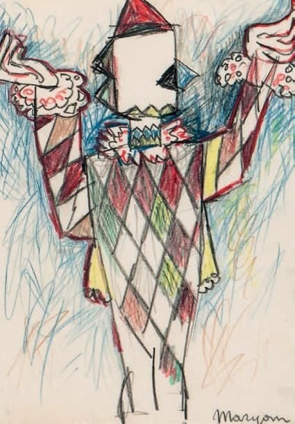 Le clown, Paris, 1958 Technique mixte sur papier, signée, située et datée en bas à droite 27 x 20 cm (à vue) Mixed media, signed, dated and situated, lower right