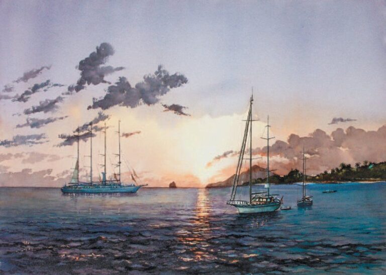 « Le Club-Med dans la baie de Sainte Anne de la Martinique » Aquarelle, signée en bas à droit