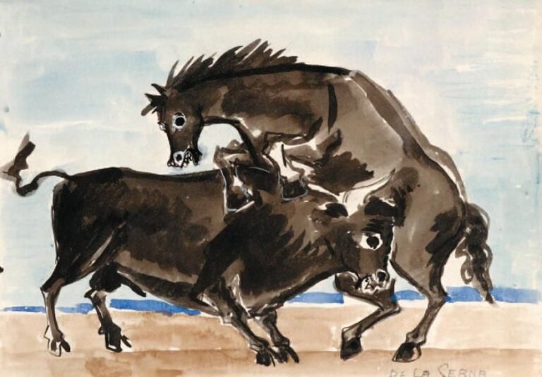 Le combat du taureau et du cheval Aquarelle gouachée, signée en bas à droite 27 x 38 cm