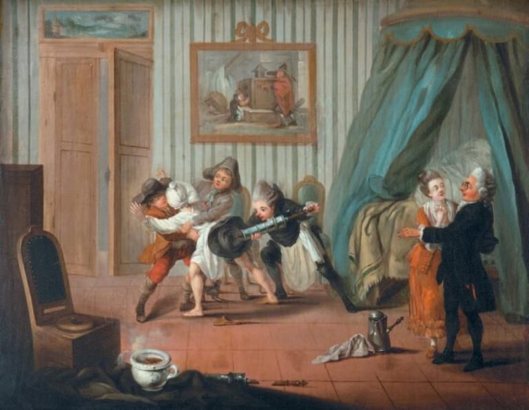 «Le coup de Clysopompe» Huile sur toile 81,2 x 100,3 cm Notre tableau s'insère dans une peinture de genre en vogue sous le règne de louis XV, à laquelle appartient l'oeuvre de Jean-Baptiste Charpentie