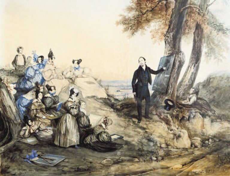 « Le cours de dessin à la campagne » Plume, lavis et aquarelle Signée et datée 1833 en bas à droite 44 x 57 cm