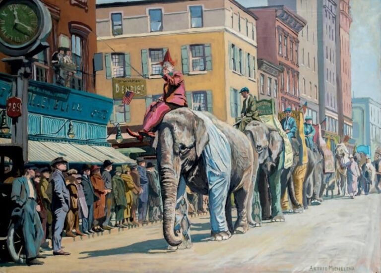 «LE DÉFILÉ DU CIRQUE» Huile sur toile, porte une signature Michelena 75 x 103 cm