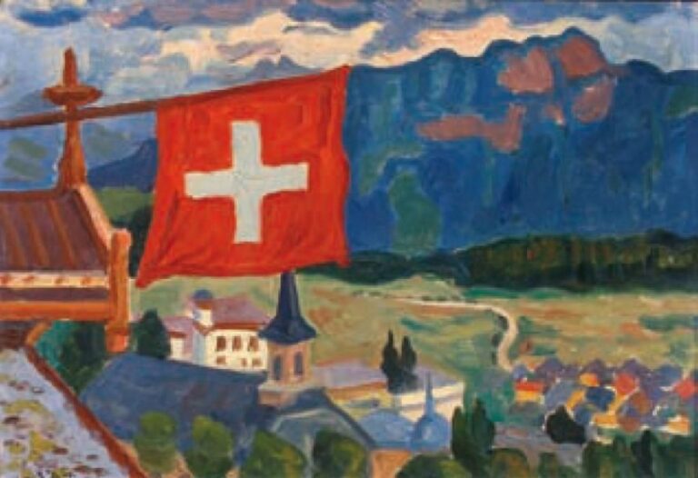 Le drapeau suisse et l'église de Leysin Huile sur panneau, signée en bas à gauche 31,5 x 46 cm