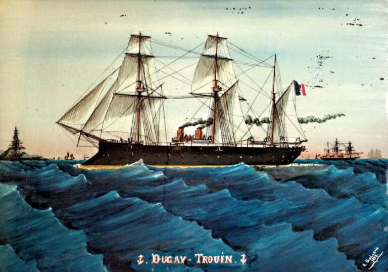 « Le Dugay-Trouin » Grand fixé sous-verre du croiseur mixte à éperon en service en 1879 et 189