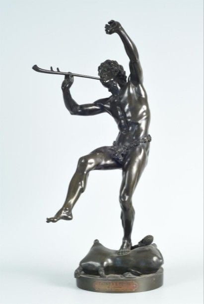 "Le faune à l'outre" ou "Le faune dansant" Bronze à patine brune Signé sur la terrasse Titré et attribué sur un cartel frontal H: 52 cm Note: tirage en bronze d'après un modèle monumental présenté au Salon de 1852 et exposé dans les jardins du Palais du Luxembour