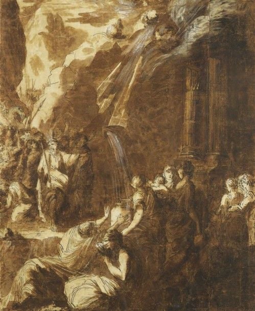 Le Frappement du rocher Plume et lavis brun, rehauts de blanc (restaurations