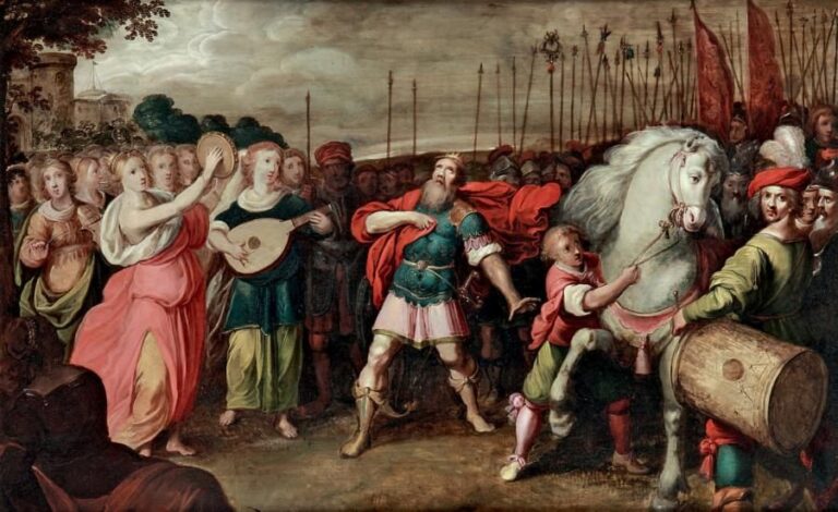«Le général victorieux Jephté rencontre sa fille» Huile sur panneau de chêne non parqueté 54,5 x 86,8 cm Hieronymus III Francken naquit à Bruges et fut actif à Anver