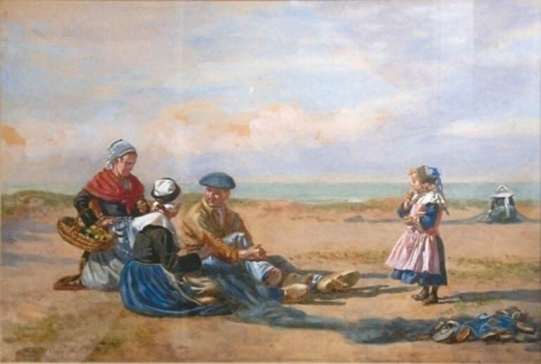 LE GOÛTER SUR LA PLAGE Aquarelle, signée en bas à gauche, datée 1909 44 x 63 cm