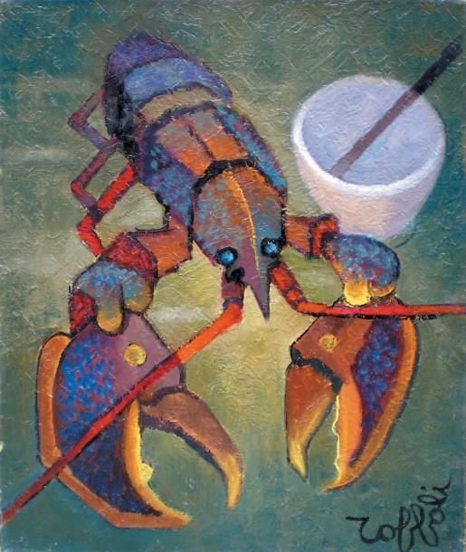 LE HOMARD 1965 Huile sur toile originale encadrée Signée en bas à droite Titrée au dos Empreinte du pouce et signature Toffoli au dos 55 x 46 cm Certificat de l'expert (Union Française des Experts) EXPOSITION: «Toffoli et la côte de lumière» 1991