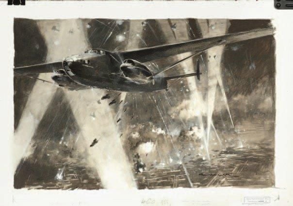 « Le « Jules Verne » bombardant Berlin » Gouache et lavis d'encre sur papier, signé en bas à droit