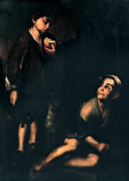 «Le mangeur de pain et le mendiant» Huile sur toile (restaurations anciennes) 131 x 95 cm Vendu avec faculté de réunion avec le lot précédent