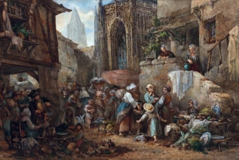 «LE MARCHÉ» Aquarelle signée en bas à droite 33 x 47 cm