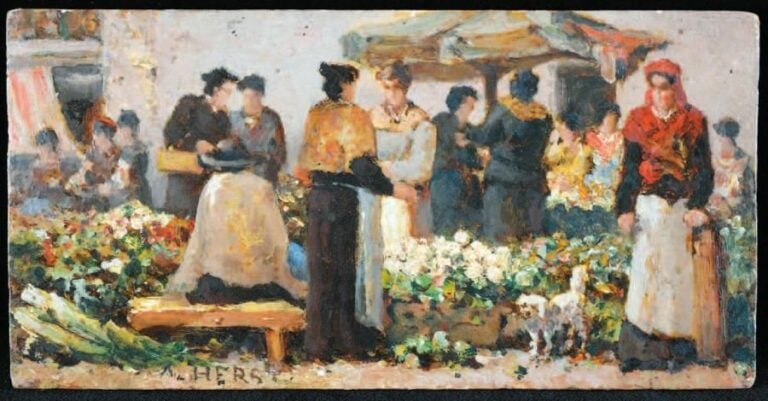 Le marché aux fleurs Deux huiles sur panneau, chacune signée en bas à gauche Chaque: 9 x 18 cm