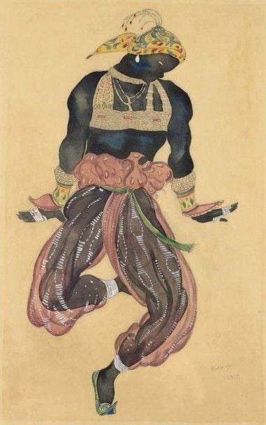 Le nègre d'argent, 1910 Aquarelle et gouache avec rehaut d'argent sur trait de crayon, signée et datée en bas à droite Image: 40 x 24 cm Feuille: 51,2 x 38,7 cm Projet de costume pour le ballet Shéherazade, crée à Paris en 1910, il s'agit, probablement, d'une version de ce projet réalisée par l'artiste lui-même, Bakst a souvent réalisé deux ou trois exemplaires d'un même projet destinés au metteur en scène, au scénographe et enfin pour luimême