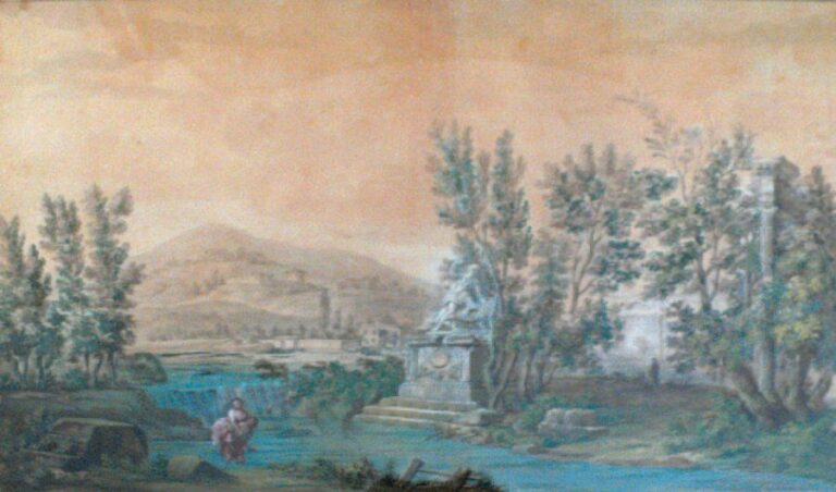 « LE PASSAGE DU GUÉ » Plume, lavis et rehauts de gouache sur son montage d'époque Cadre en bois doré et mouluré d'époque Louis XVI 34,2 x 49,5 cm