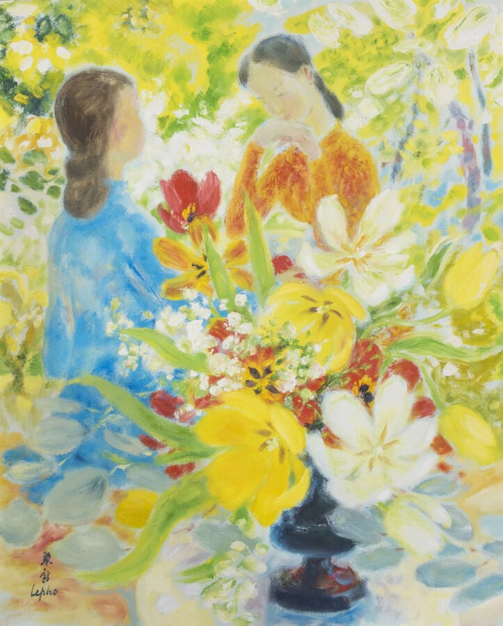 LE PHO (1907-2001) - Conversation dans le jardin - Huile sur toile - 100 x 81 c…