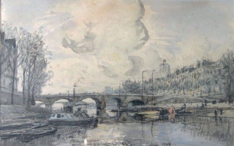 Le Pont-Marie à Paris, 1909 Fusain et aquarelle, signé, situé et daté en bas au centre 25 x 39 cm