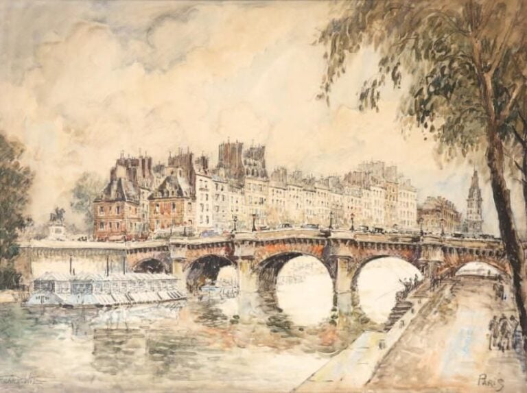 Le Pont-Neuf à Paris Mine de plomb et aquarelle, signée en bas à gauche Située Paris 44 x 60 cm