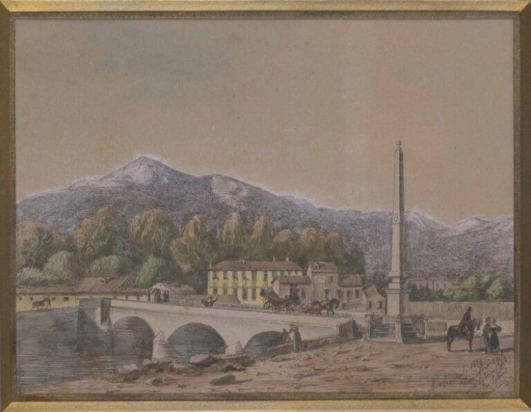 Le Pont Neuf et l'obélisque des israëlites à Nice Plume aquarelle et gouahce blanche sur papier