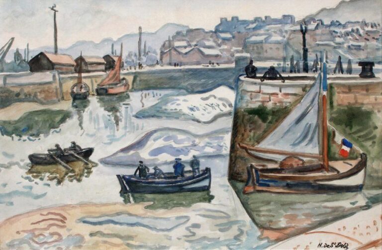 Le Port de Honfleur en hiver Aquarelle, signée en bas à droite 30 x 47 cm