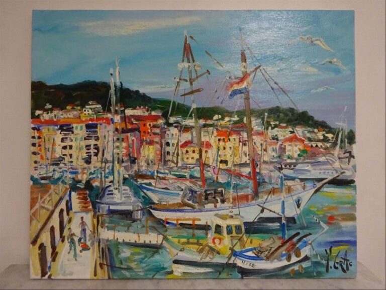 "Le Port de Nice Bateaux au Quai Lunel" Huile sur toile Signée en bas à droite Titrée et contresignée au dos 60 x 73 cm