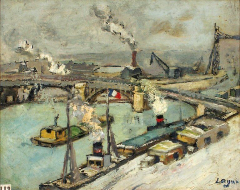 Le port de Rouen en hiver Huile sur carton, signée en bas à droite 33 x 39 cm