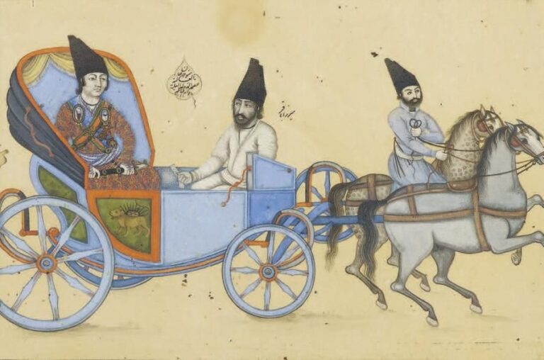 Le prince Manouchehr Khan Samad al-Dowleh se promenant en calèche Encre et pigments sur papier Iran, XIXe siècle, Epoque Qadjar Hauteur: 11,5; Largeur: 18 cm Le prince accompagné de Mirza Baqir est assis dans une calèche aux armes de l'Iran tirée par deux chevaux menés par un écuye